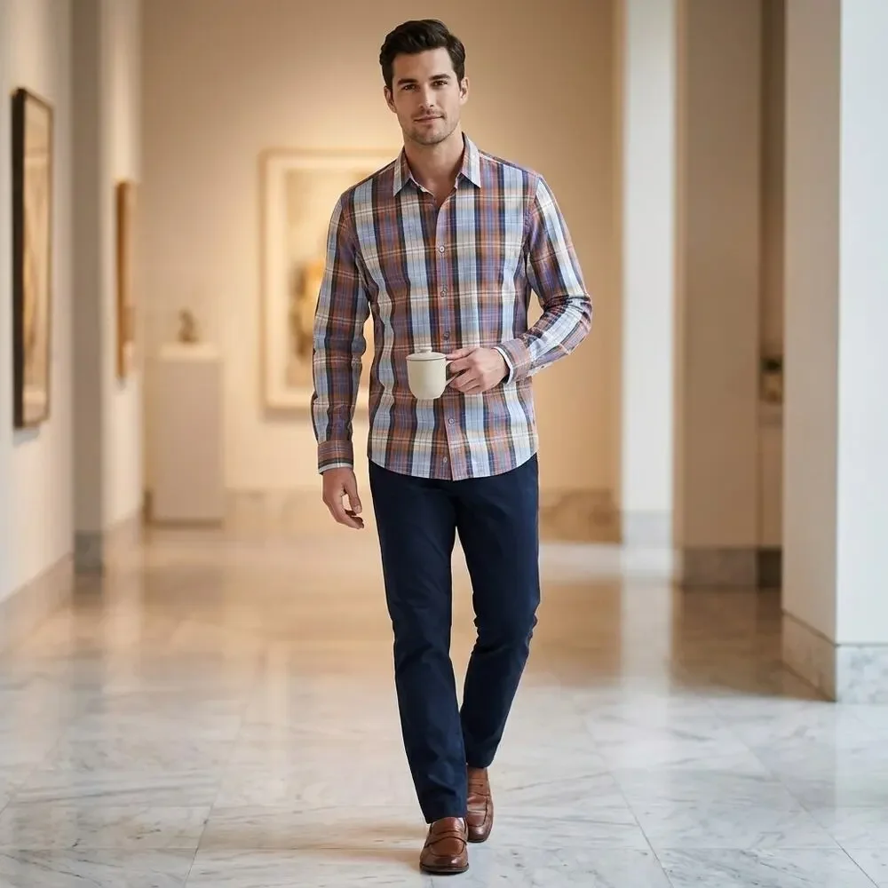 Banana Republic Blue Collared Plaid Breathable Button-Up Shirt Men Size L